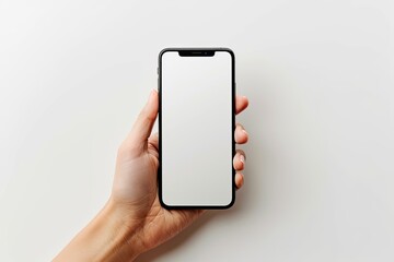 Smartphone mockup on hand with white blank screen created with Generative AI