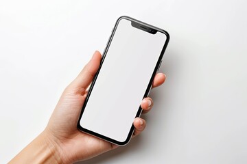 Smartphone mockup on hand with white blank screen created with Generative AI