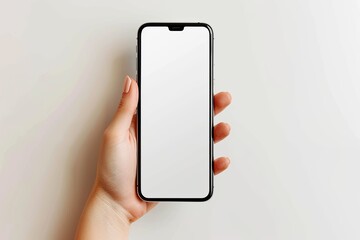 Smartphone mockup on hand with white blank screen created with Generative AI