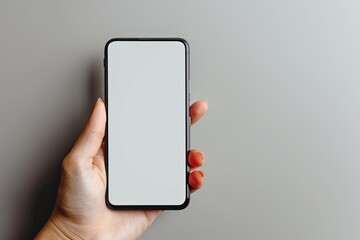 Smartphone mockup on hand with white blank screen created with Generative AI