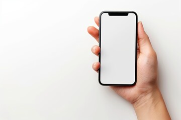 Smartphone mockup on hand with white blank screen created with Generative AI