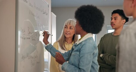 Leinwandbilder - Woman, student and teacher for education presentation on whiteboard of math lecture, solution and writing answer. Professor, people and assessment problem solving, advice and learning at university