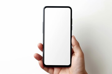 Smartphone mockup on hand with white blank screen created with Generative AI