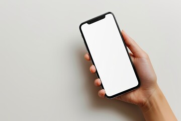 Smartphone mockup on hand with white blank screen created with Generative AI
