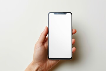 Smartphone mockup on hand with white blank screen created with Generative AI