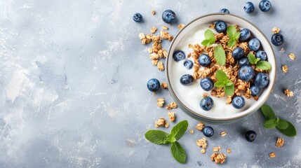 Canvas Print - Fresh breakfast with homemade granola yogurt and blueberries focused shot empty space