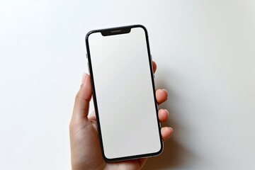 Smartphone mockup on hand with white blank screen created with Generative AI
