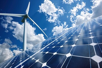 An Environment Day background showing a wind turbine and solar panels under a clear sky with puffy clouds