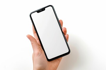 Smartphone mockup on hand with white blank screen created with Generative AI