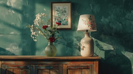 Poster - Floral Vase on Wooden Cabinet with Lamp and Picture by Green Wall