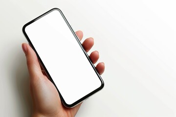 Smartphone mockup on hand with white blank screen created with Generative AI