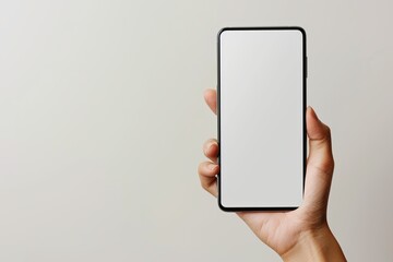 Smartphone mockup on hand with white blank screen created with Generative AI