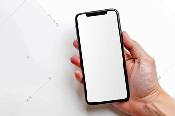 Smartphone mockup on hand with white blank screen created with Generative AI
