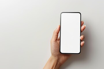 Smartphone mockup on hand with white blank screen created with Generative AI