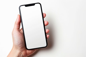 Smartphone mockup on hand with white blank screen created with Generative AI