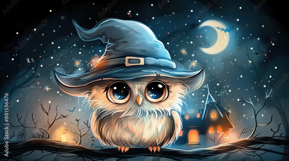 Adorable owl in a wizard hat under the moonlight. Perfect for Halloween ...