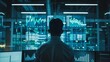 © Tida - Businessman Analyzing Data on Multiple Screens - A businessman is looking at multiple screens filled with graphs and charts, analyzing data and working on a strategy. - A businessman is looking at mul