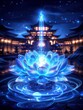© Arnon  Parnnao - A serene landscape featuring a radiant blue lotus, traditional Tibetan stupas, and subtle blue light, evoking the presence of the