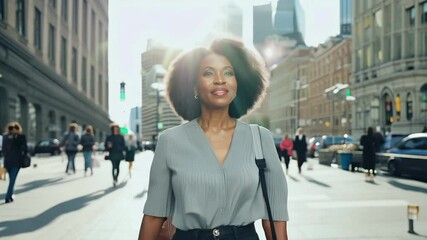 Poster - Woman walking city street smiling happy