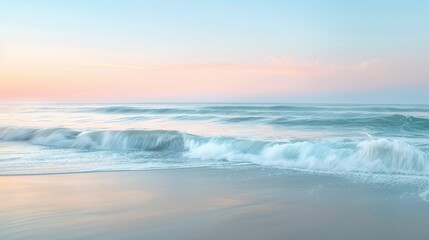 Tranquil Ocean Waves at Sunrise - A serene sunrise over the ocean with gentle waves crashing on the sandy shore. The soft pastel colors create a calming atmosphere. - A serene sunrise over the ocean w