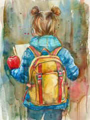 Young Girl with Backpack and Apple - A watercolor illustration of a young girl with a backpack, holding an apple and a book. The girl is wearing a blue jacket and has her hair in two buns. The illustr