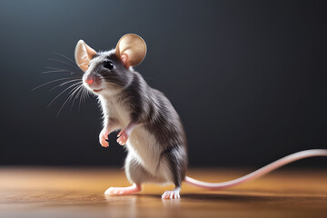 Cute little house mouse standing on its hind legs, looking up. Concept of small pet, rodents, nature, and wildlife photography.