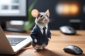 Funny image of a mouse wearing a suit and tie at a desk with a computer and mouse, looking like a professional businessman. Concept of small business, entrepreneur, office humor, and animal antics