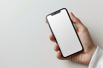 Smartphone mockup on hand with white blank screen created with Generative AI