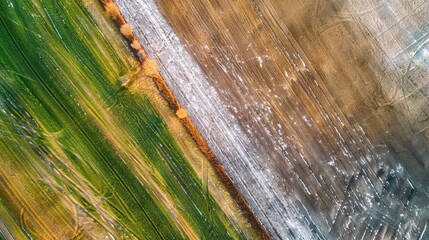 Wall Mural - Abstract aerial view of winter agricultural fields with green farmland and brown soil rows Text space available