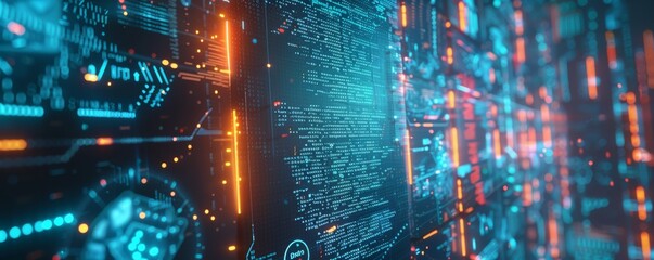 futuristic digital interface with holographic data, illustrating advanced technology and cybersecuri
