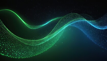 Wall Mural - Abstract green and blue particle background. Flow wave with dot landscape. Digital data structure. Future mesh or sound grid. Pattern point visualization.