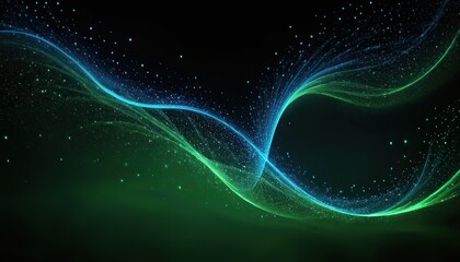 Wall Mural - Abstract green and blue particle background. Flow wave with dot landscape. Digital data structure. Future mesh or sound grid. Pattern point visualization.