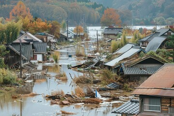 Flooded village with submerged houses and autumn trees in the background, showcasing the aftermath of a natural disaster with devastation.