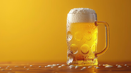 Wall Mural - a glass of beer in yellow background, copy space, beer day concept.