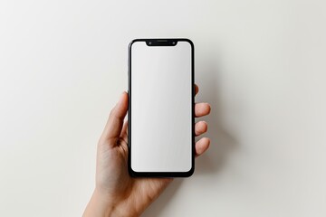 Smartphone mockup on hand with white blank screen created with Generative AI