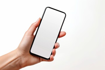 Smartphone mockup on hand with white blank screen created with Generative AI