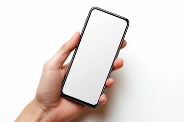 Smartphone mockup on hand with white blank screen created with Generative AI