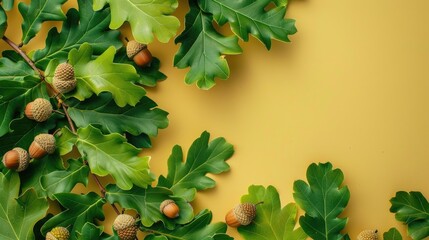 Close up top view of green oak tree branch with acorns on colored background