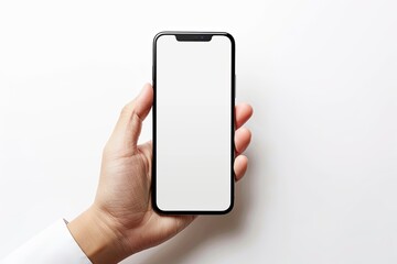 Smartphone mockup on hand with white blank screen created with Generative AI