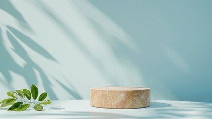 Aufkleber - Serene Minimalist Mockup with Raw Wooden Podium and Green Leaves Against Soft Sky Blue Background
