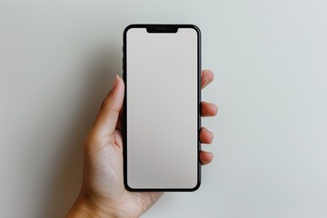 Smartphone mockup on hand with white blank screen created with Generative AI