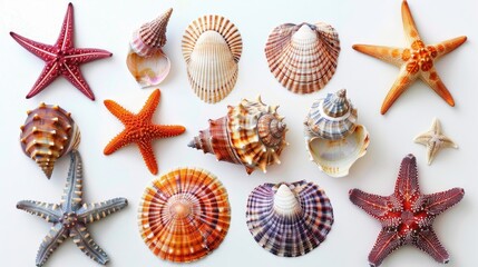 Canvas Print - Colorful seashells with various starfish isolated on white