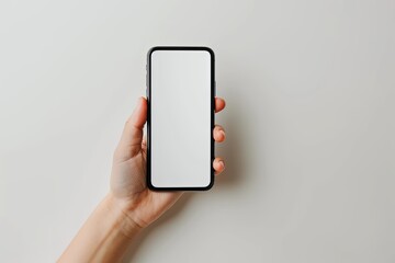 Smartphone mockup on hand with white blank screen created with Generative AI