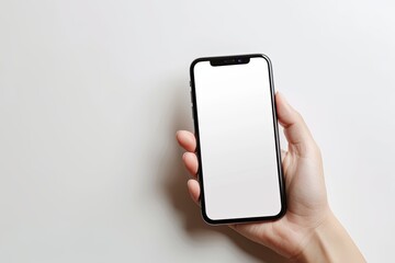 Smartphone mockup on hand with white blank screen created with Generative AI