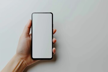 Smartphone mockup on hand with white blank screen created with Generative AI