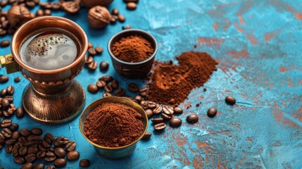 Canvas Print - Turkish coffee maker with coffee cup beans and grounds on blue surface