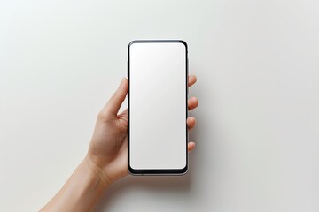 Smartphone mockup on hand with white blank screen created with Generative AI