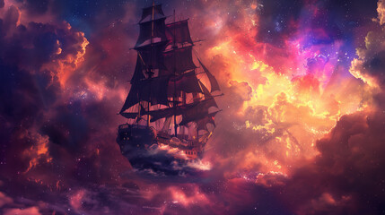 Wall Mural - flying pirate ship in the air