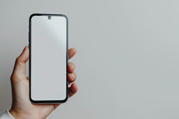 Smartphone mockup on hand with white blank screen created with Generative AI