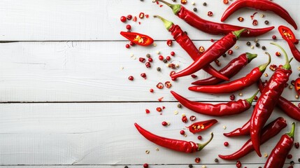 Poster - Red spicy chilies on white wood table background